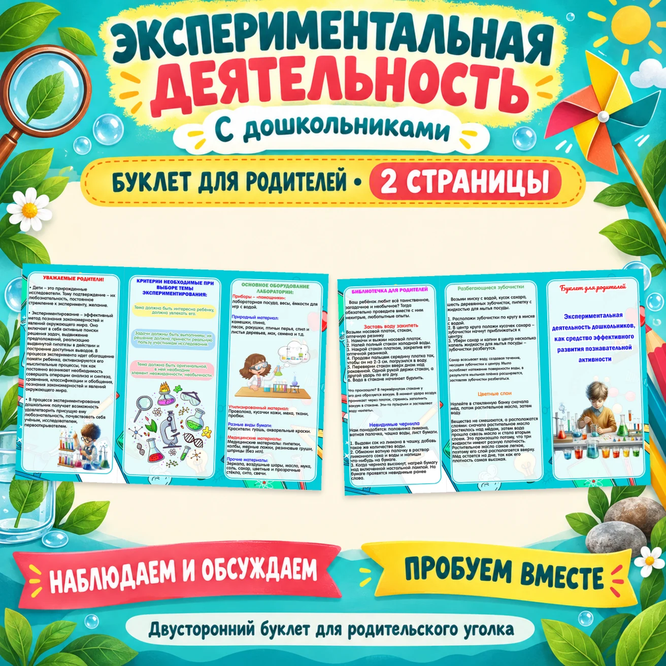 Буклет для родителей "Экспериментальная деятельность дошкольников" — обложка