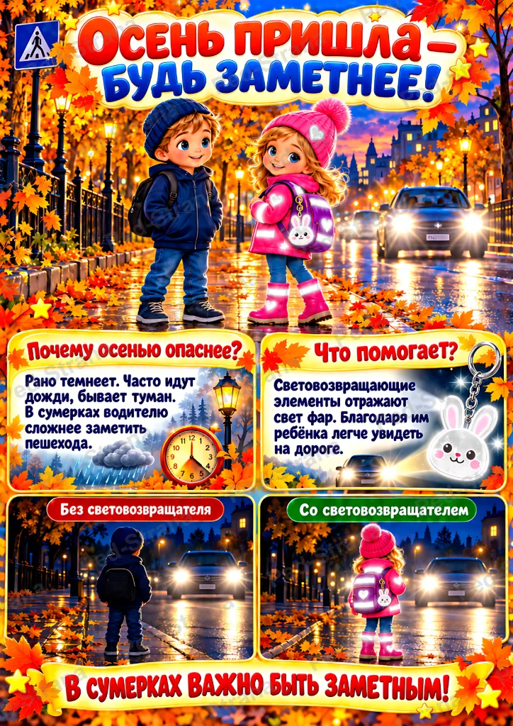 Папка-передвижка «Световозвращающие элементы на одежде ребёнка осенью» — страница-пример 1
